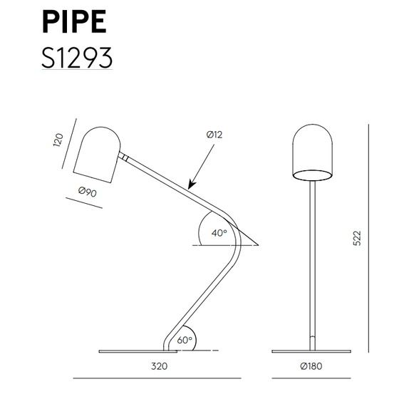 Dibujo técnico de la "Lámpara de mesa Pipe" que muestra dimensiones y ángulos del diseño orientable con iluminación dirigible.