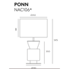 Dibujo técnico de una lámpara moderna con dimensiones, rotulada "Lámpara de mesa Ponn nac106*" mostrando su base, soporte y pantalla.