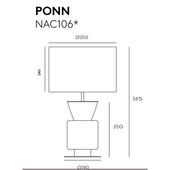 Dibujo técnico de una lámpara moderna con dimensiones, rotulada "Lámpara de mesa Ponn nac106*" mostrando su base, soporte y pantalla.