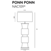 Dibujo técnico de una Lámpara de mesa Ponn con la etiqueta "ponn nac109*" con dimensiones mostradas en milímetros, con una tapa rectangular y una serie de formas geométricas apiladas diseñadas para la iluminación interior moderna.