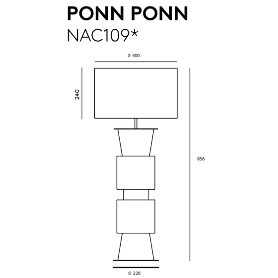 Dibujo técnico de una Lámpara de mesa Ponn con la etiqueta "ponn nac109*" con dimensiones mostradas en milímetros, con una tapa rectangular y una serie de formas geométricas apiladas diseñadas para la iluminación interior moderna.