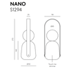 Esquema técnico que muestra una Lámpara de mesa Portátil Nano con dimensiones etiquetadas, incluyendo función de atenuación táctil e iluminación LED COB.