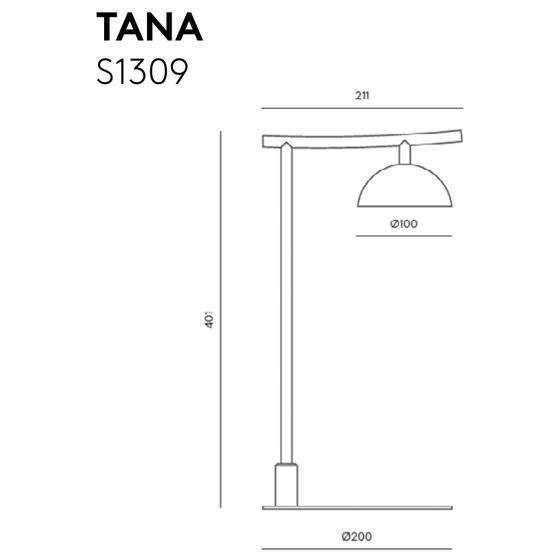 Dibujo técnico de una Lámpara de mesa Tana con la etiqueta "tana s1309" que muestra las dimensiones y detalles del diseño de iluminación LED.