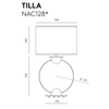 Dibujo técnico de la "Lámpara de mesa Tilla", con vistas frontal y superior con dimensiones etiquetadas en milímetros, diseñada como una lámpara de mesa clásica contemporánea.