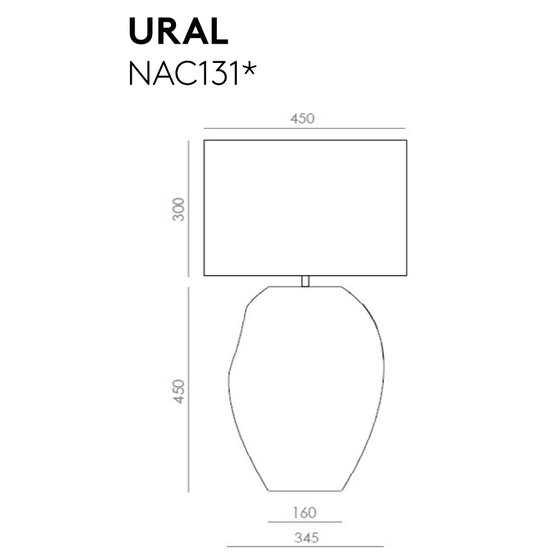 Diseño técnico de una lámpara de mesa Ural de dos partes etiquetada "Lámpara de Mesa Ural nac131*" con proporcionadas en milímetros para medidas