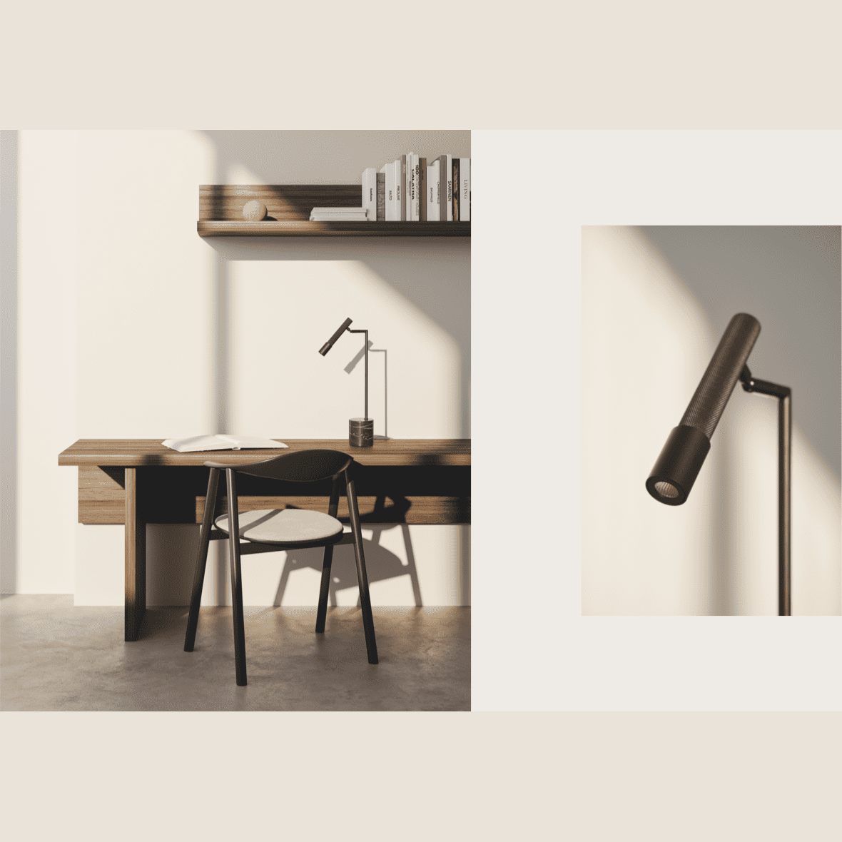 Un espacio de trabajo minimalista muestra un escritorio y una silla de madera, con la lámpara de mesa Ycro que ofrece una iluminación dirigida. Un estante de pared contiene libros mientras la suave luz del sol crea sombras suaves. El primer plano enfatiza el elegante diseño de la lámpara de la derecha.