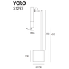 Dibujo técnico de Lámpara de mesa Ycro con dimensiones, compuesta por base, poste vertical y brazo orientable con componente circular en su extremo.