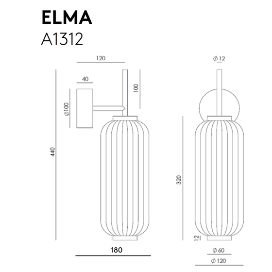 Dibujo técnico de un objeto cilíndrico, "Lámpara de pared Elma", con dimensiones detalladas en milímetros, mostrado en dos vistas: lateral y superior.
