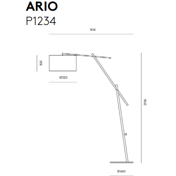 Dibujo técnico de la Lámpara de pie Ario en Negro Mate con dimensiones: 1614mm ancho, 2106mm alto. El diámetro de la base es de 440 mm y la pantalla de la lámpara mide 520 mm de ancho por 300 mm de alto. Se adapta a bombilla E27.