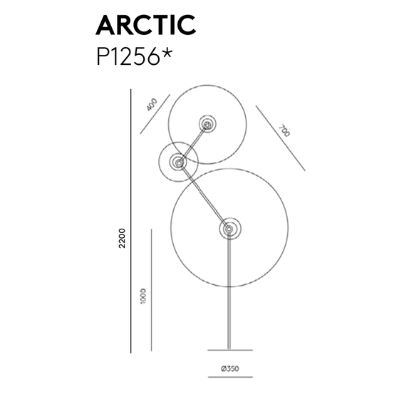 Esquema del modelo "Lámpàra de pie Artic" que muestra las medidas: alto 2200 mm, ancho 1000 mm, diámetros 400 mm, 700 mm y 350 mm. Esta lámpara de pie cuenta con un diseño contemporáneo y sirve como una impresionante pieza central para cualquier espacio moderno.