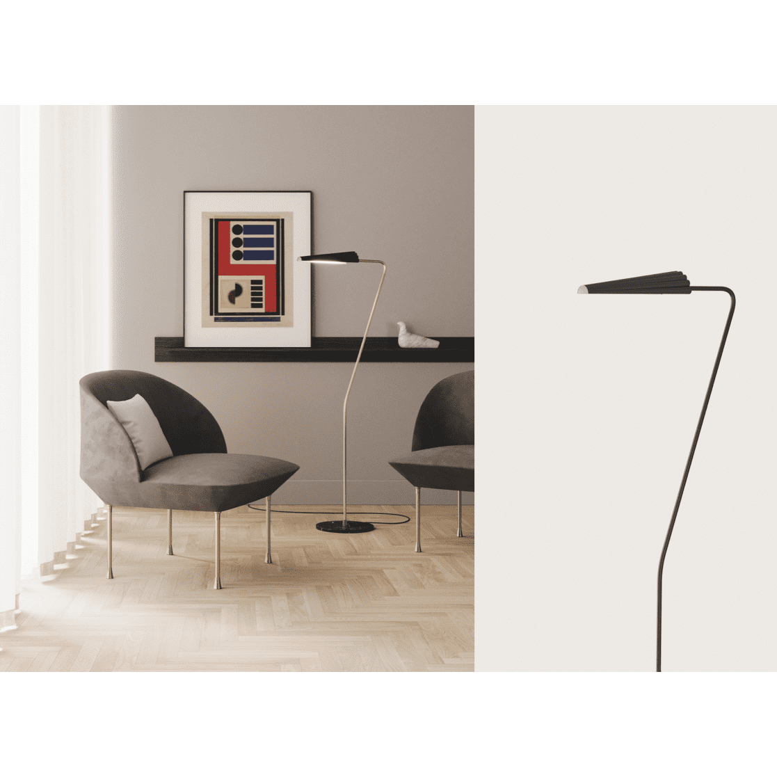 Una habitación minimalista cuenta con dos sillas grises, la lámpara de pie Bion y arte abstracto en la pared. Una pequeña escultura reposa sobre un estante. El piso de madera y las cortinas transparentes realzan el diseño moderno.