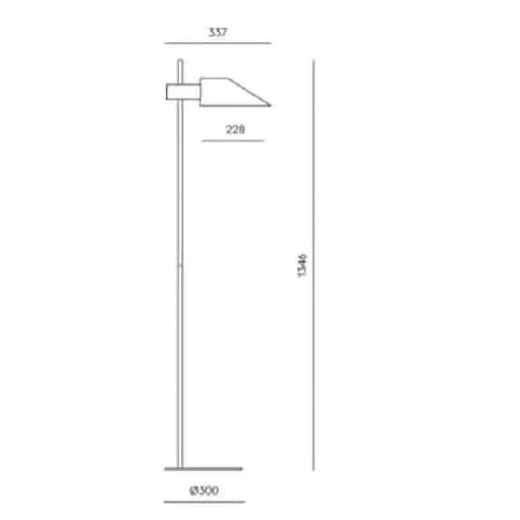 Un diagrama que muestra las dimensiones de una Lámpara de pie Cohen minimalista con iluminación directa.