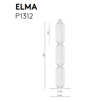 Dibujo técnico de una luminaria vertical rotulada "Lámpara de pie Elma" con dimensiones y especificaciones indicadas, ideal para decoración de interiores con su diseño moderno.