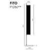 Esquema de LAMAPARA DE PIE FITO de pie modelo P1286 con dimensiones: alto 1400mm, ancho 125mm y diámetro de base 250mm. Presenta elegantes detalles en latón mate colocados elegantemente sobre una base de mármol negro.