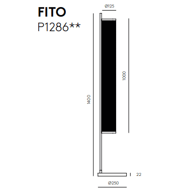 Esquema de LAMAPARA DE PIE FITO de pie modelo P1286 con dimensiones: alto 1400mm, ancho 125mm y diámetro de base 250mm. Presenta elegantes detalles en latón mate colocados elegantemente sobre una base de mármol negro.