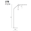 Dibujo técnico de una lámpara de pie denominada "Lámpara de pie Lyb" con unas dimensiones que incluyen una altura de 1500 mm y un diámetro de base de 300 mm, que incorpora un control "Touch me dimmer". Esta lámpara de pie presenta un diseño minimalista para interiores modernos.