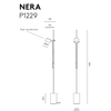 Dibujo lineal de la Lámpara de pie Nera con la etiqueta "NERA P1229" con las dimensiones marcadas, incluida la función "Touch Me Dimmable". La altura de la lámpara es de 1600 mm, con puntos específicos medidos a lo largo de su estructura. LED integrado para iluminación de bajo consumo.