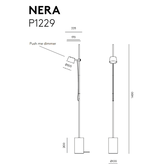 Dibujo lineal de la Lámpara de pie Nera con la etiqueta "NERA P1229" con las dimensiones marcadas, incluida la función "Touch Me Dimmable". La altura de la lámpara es de 1600 mm, con puntos específicos medidos a lo largo de su estructura. LED integrado para iluminación de bajo consumo.