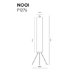 Diagrama de una Lámpara de pie Nooi, etiquetada P1276 en elegante negro mate, con dimensiones de 1370 mm de alto, 480 mm de ancho en la base y 165 mm de ancho en la parte superior. Esta lámpara regulable ofrece un brillo cálido de 3000K.