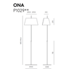 Esquema técnico de dos Lámpara de pie Ona con medidas de altura y dimensiones de pantalla, etiquetadas con el número de modelo p1029, mostrando iluminación funcional.
