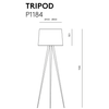 Un dibujo lineal de una lámpara de pie trípode con la etiqueta "TRIPOD" con el número de modelo P1184. La lámpara, de diseño moderno, tiene tres patas y una pantalla cónica. Se muestran las dimensiones: diámetro de pantalla 320 mm y 500 mm, altura 1540 mm, perfecta para decoración contemporánea.