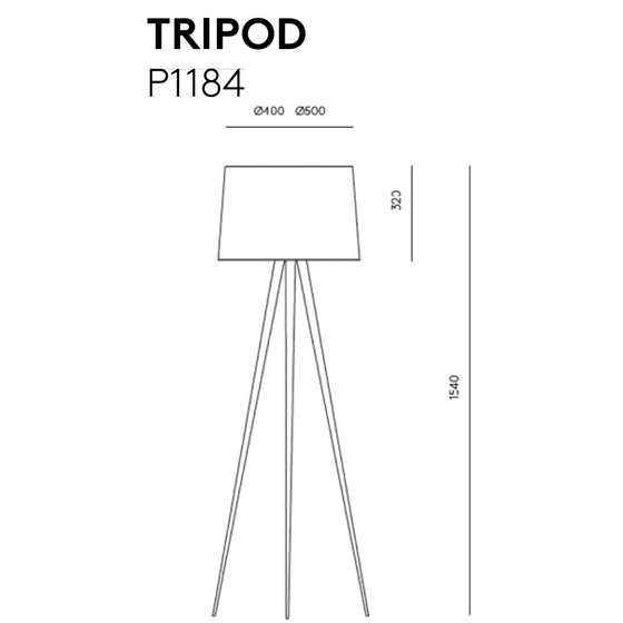 Un dibujo lineal de una lámpara de pie trípode con la etiqueta "TRIPOD" con el número de modelo P1184. La lámpara, de diseño moderno, tiene tres patas y una pantalla cónica. Se muestran las dimensiones: diámetro de pantalla 320 mm y 500 mm, altura 1540 mm, perfecta para decoración contemporánea.