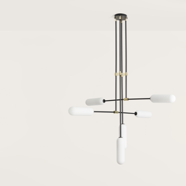 La Lámpara de techo Atil 6xG9 presenta un diseño de araña moderno con varillas de metal negro y seis luces cilíndricas blancas, ofreciendo un ejemplo perfecto de iluminación moderna.
