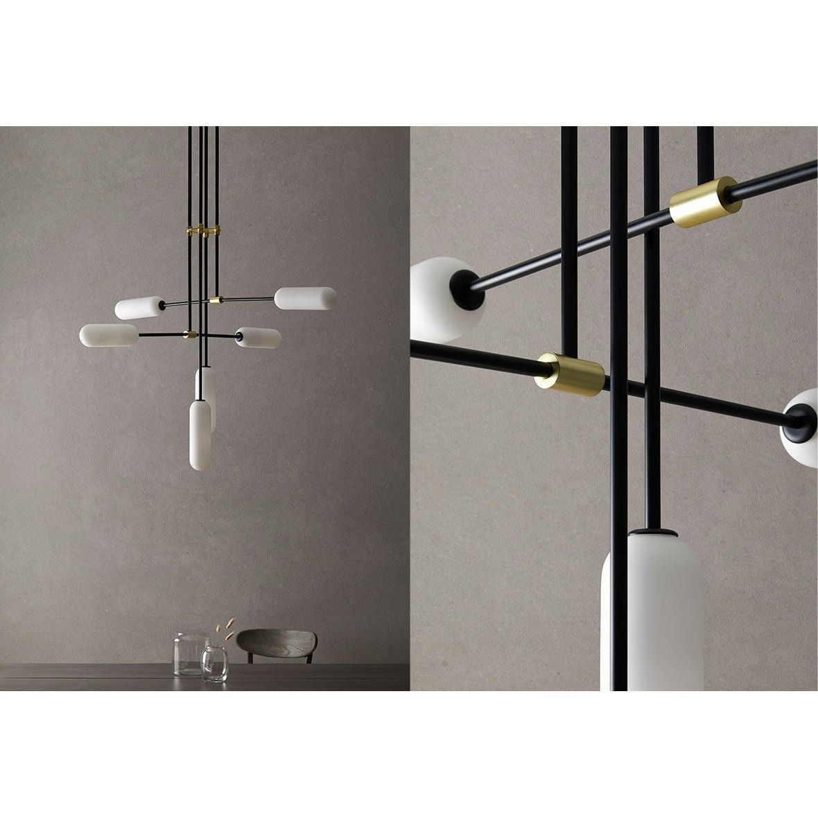 La lámpara de techo Atil 6xG9, con varillas de metal negras, pantallas cilíndricas blancas y detalles de latón, encarna un diseño geométrico. Colocada contra una pared beige lisa con un frasco de vidrio debajo, ejemplifica la iluminación moderna.