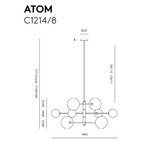 Dibujo técnico de una luminaria de techo denominada "Lámpara de techo Atom a214/8", que muestra las dimensiones y disposición de ocho lámparas esféricas.