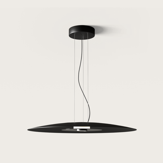 Lámpara de techo minimalista negra BigCoss que cuelga del techo con finos cables sobre un fondo blanco liso, con un LED regulable para opciones de iluminación versátiles.