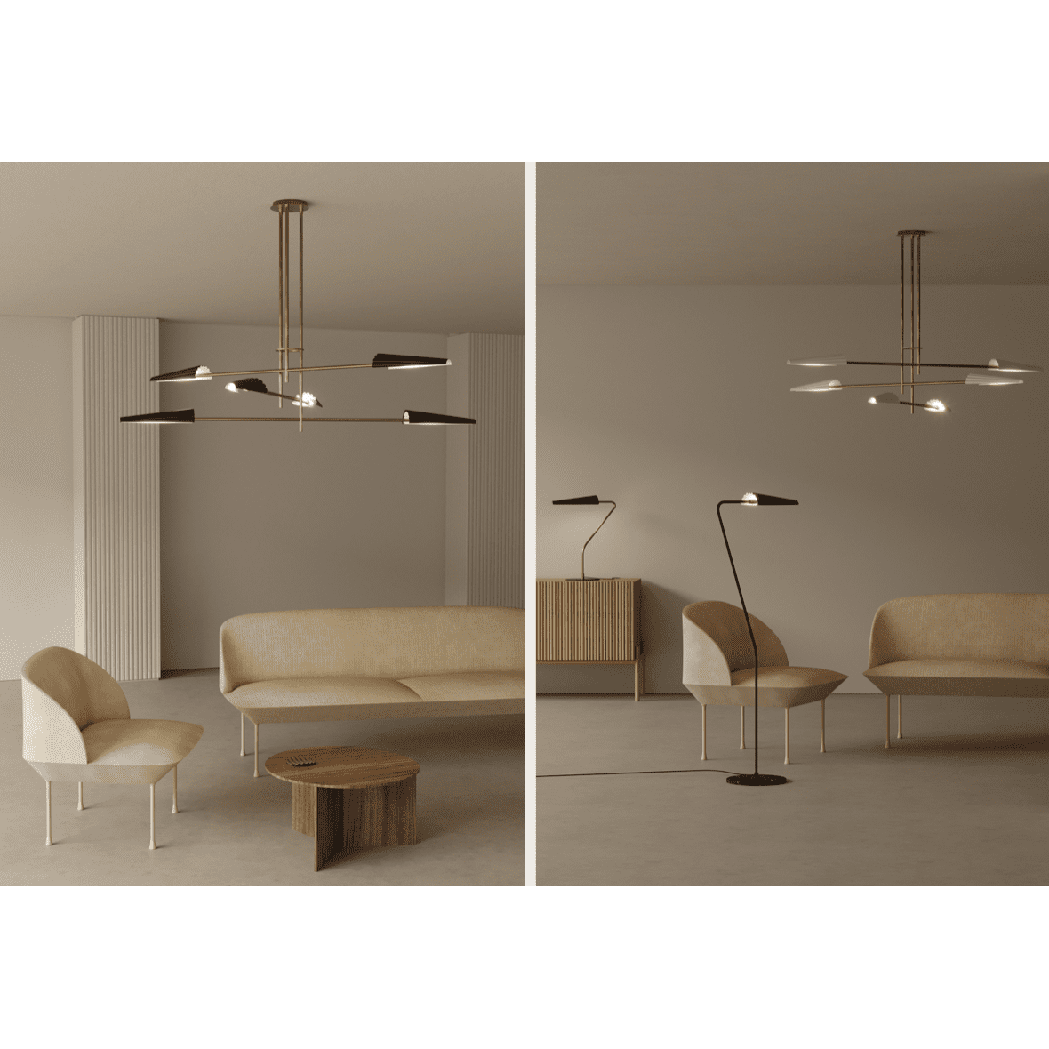 Un espacio de estar minimalista en tonos neutros muestra la moderna Lámpara de techo Bion 6 x G9, asientos beige, una pequeña mesa redonda y una lámpara de pie. Este diseño vanguardista unifica sin esfuerzo la elegante simplicidad de la habitación con sus elementos cuidadosamente seleccionados.