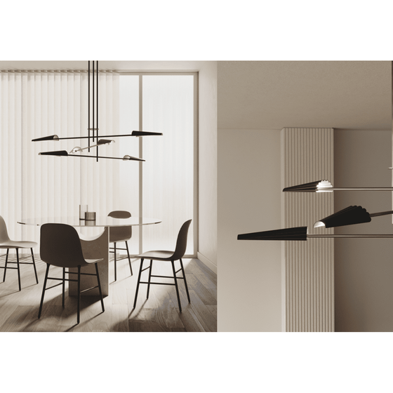 Comedor moderno con una "lámpara de techo Bion" colgante, una mesa redonda y sillas, y un rincón elegante con pilares cilíndricos texturizados y estanterías minimalistas con elementos decorativos.