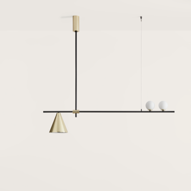 La Lámpara de techo Crane es una moderna lámpara colgante industrial con un diseño minimalista, que presenta una varilla horizontal negra, una pantalla cónica dorada a la izquierda y dos bombillas esféricas a la derecha para una iluminación eficiente.