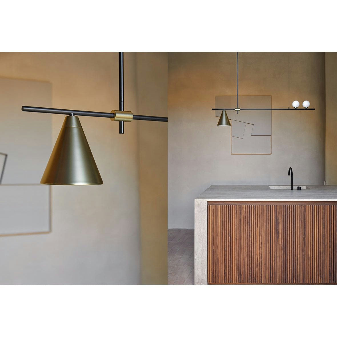 Interior de cocina moderna con la lámpara de techo minimalista Crane, paneles de madera en la isla, obras de arte geométricas en la pared y un grifo elegante para una estética contemporánea perfecta con diseño industrial e iluminación eficiente.