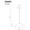 Dibujo técnico de la lámpara de pie Lámpara de techo Damo mostrando vista superior y perfil lateral con dimensiones en milímetros.