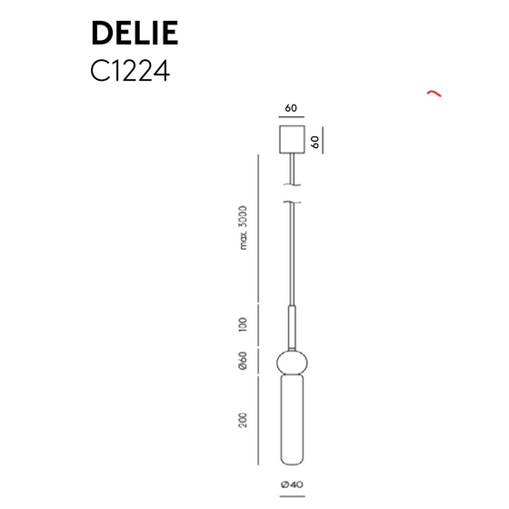 Esquema de una Lámpara de techo Delie 1XG9 5W que muestra unas dimensiones: alto máximo 3000mm, secciones de 60mm, 100mm y 200mm respectivamente y un diámetro de 40mm. Este diseño refinado garantiza tanto el atractivo estético como la sostenibilidad en su construcción.