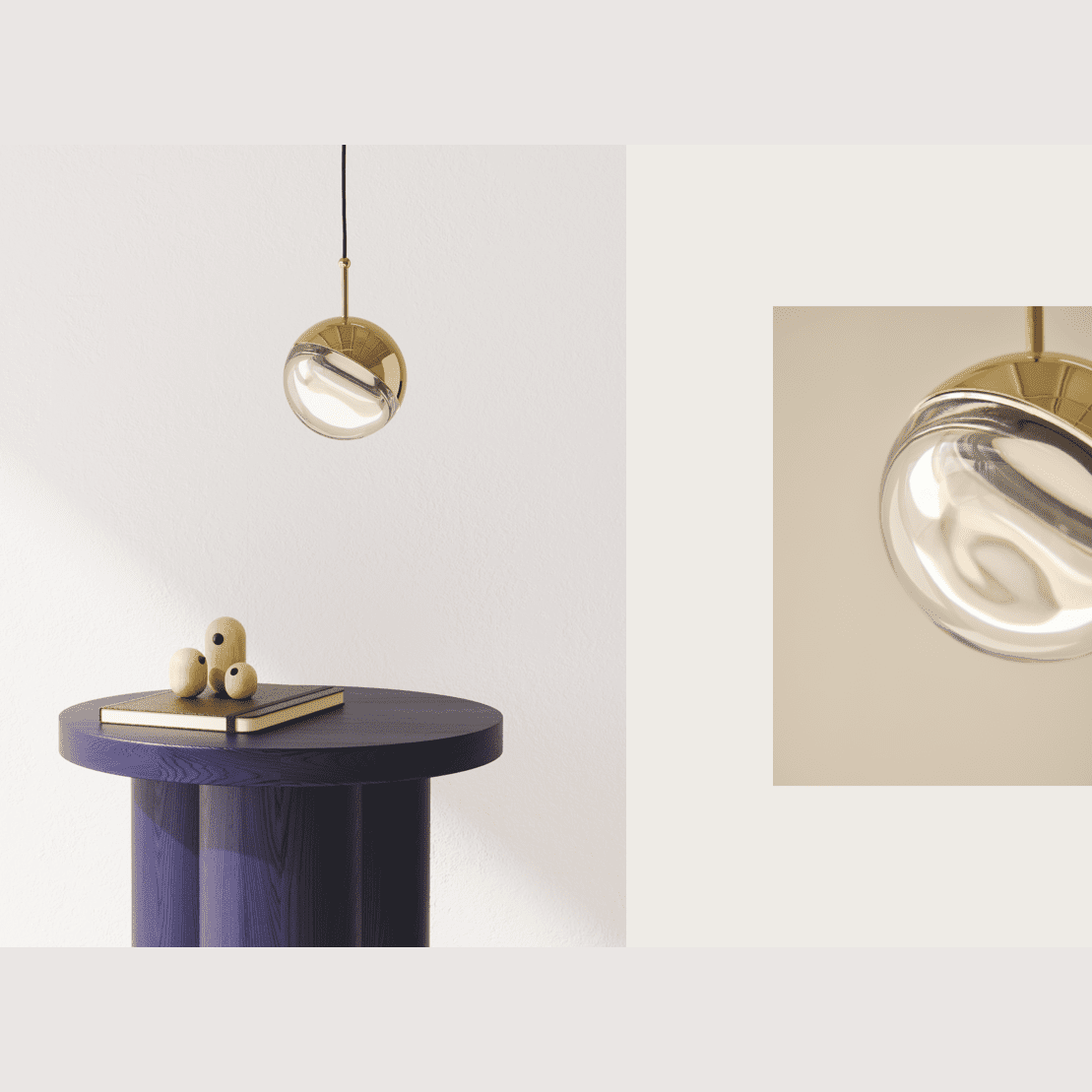El interior moderno cuenta con una mesa redonda azul, libros, adornos esféricos de madera y una lámpara de techo Dora de latón. Un recuadro muestra los detalles de diseño de la lámpara.