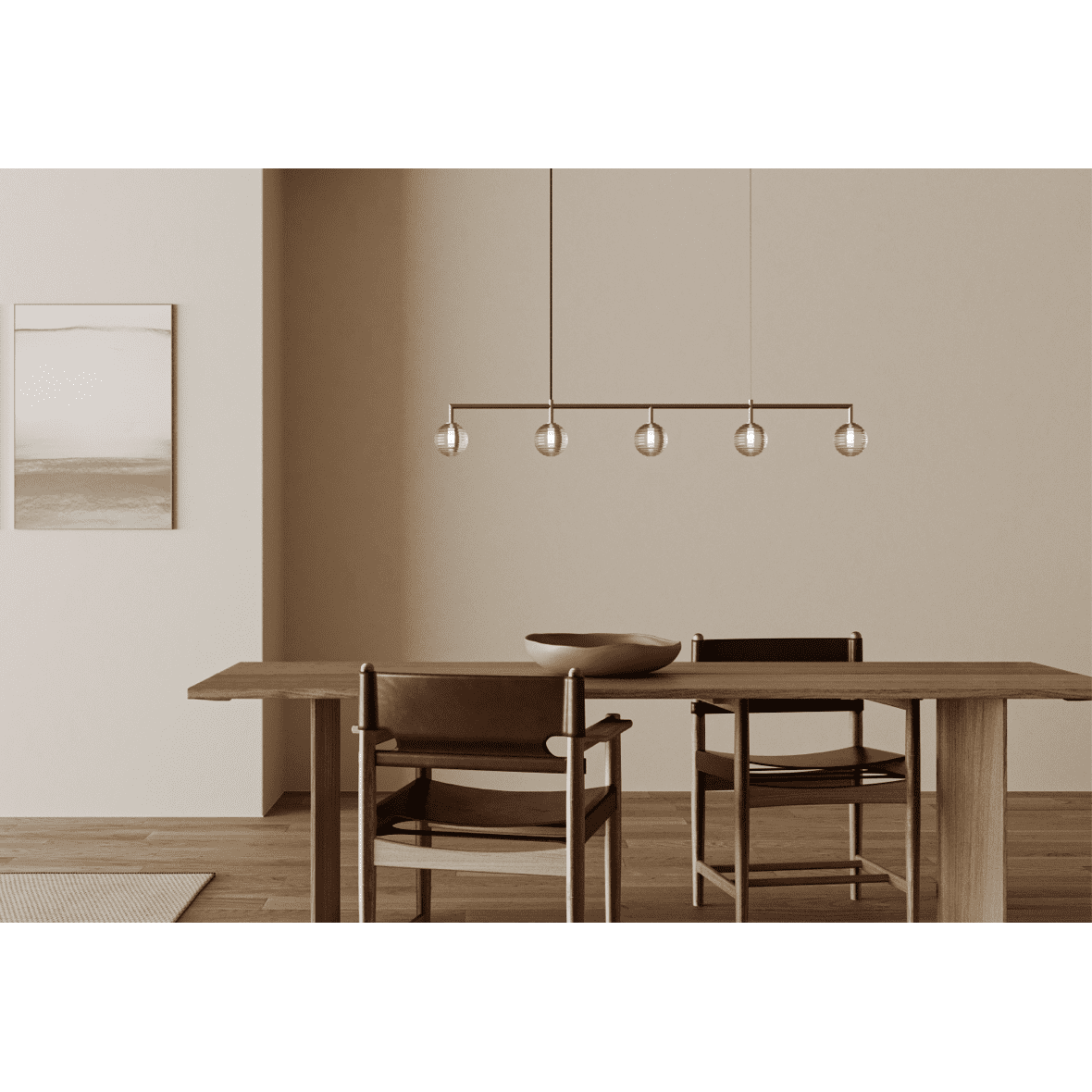 Un comedor minimalista cuenta con una mesa de madera, dos sillas y un cuenco debajo de la lámpara colgante LED Doul 5 x G4. Los tonos neutros y el arte mural completan el ambiente sencillo y elegante.