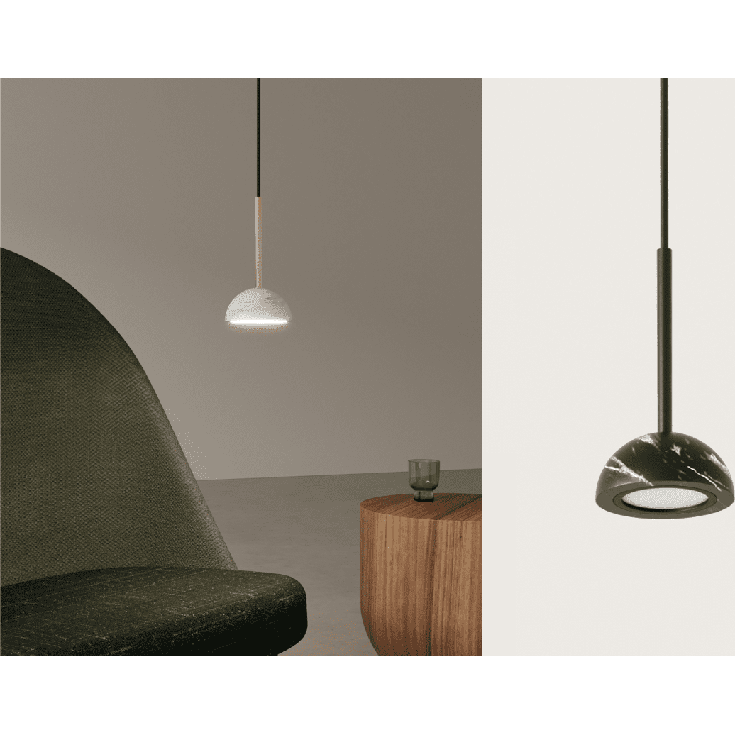 Una habitación moderna muestra el minimalismo moderno con una silla negra, una mesa auxiliar de madera con un vaso y dos elegantes luces colgantes Lámpara de techo Dussa 1 X LED 9W, una encendida y otra apagada, sobre un fondo simple.