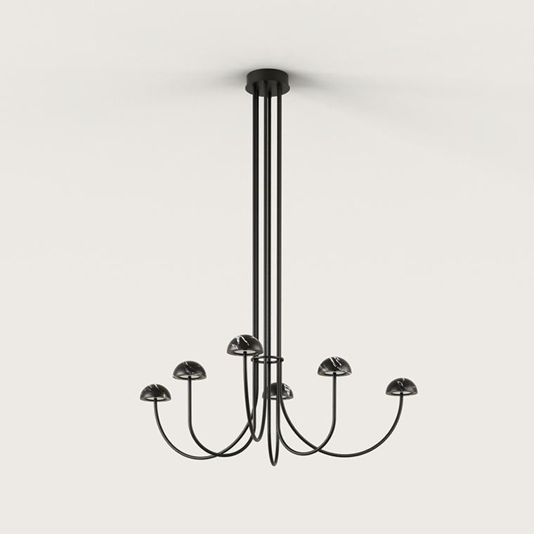 La Lámpara de techo Dussa 6 X LED 9W es una lámpara de techo moderna de color negro con múltiples brazos curvos y pequeñas lámparas en forma de cúpula, que cuenta con candelabros LED para una iluminación eficiente, elegantemente suspendida del techo.