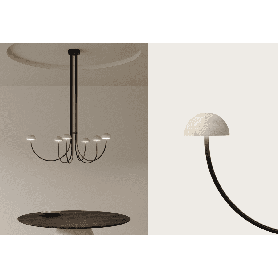 La lámpara de techo Dussa 6 X LED 9W tiene un diseño moderno con brazos curvos y luces en forma de cúpula, perfecta para colocar sobre una mesa redonda. Un primer plano de un LED eficiente a la derecha resalta su diseño elegante y brinda iluminación eficiente al espacio.