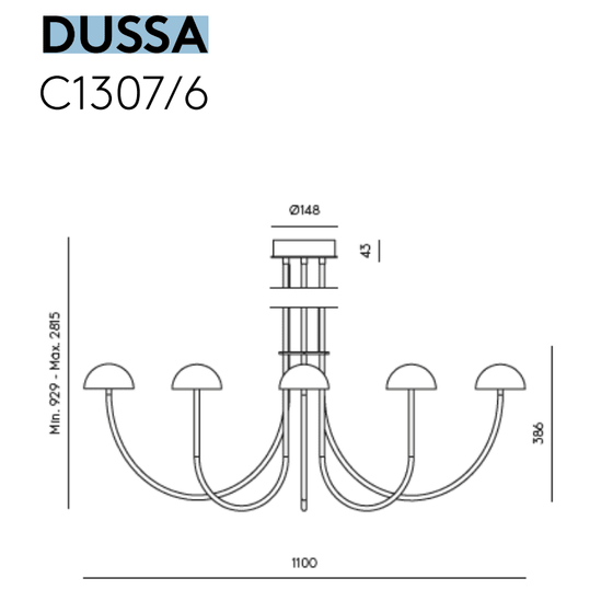 Dibujo técnico de la "Lámpara de techo Dussa 6 X LED 9W" con dimensiones, que muestra cinco brazos curvos que parten de una columna central, con bases circulares para bombillas.