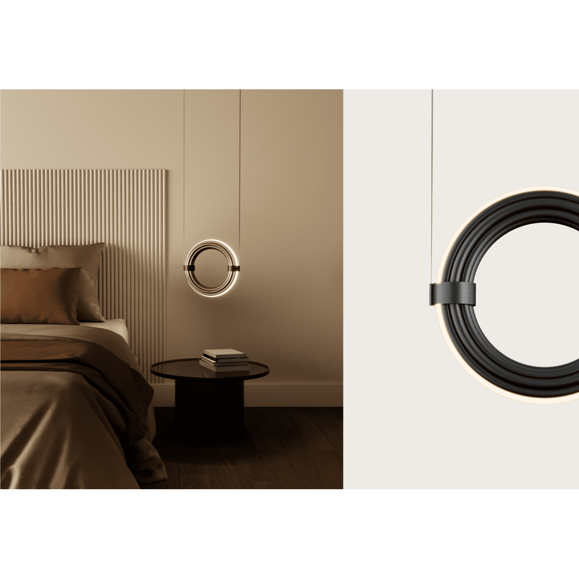 Dormitorio moderno con iluminación indirecta con una lámpara colgante circular sobre una mesa auxiliar redonda junto a una cama con ropa de cama marrón. El diseño elegante y en forma de anillo de la Lámpara de techo Elli (Vertical) complementa perfectamente los tonos neutros de la habitación.