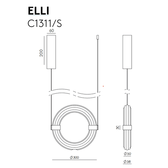 Dibujo técnico de la Lámpara de techo Elli con dimensiones detalladas que incluyen largo, diámetro y vistas laterales.