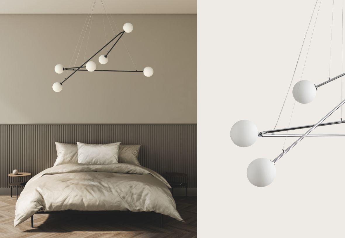 Dormitorio moderno con colcha beige, paneles de pared texturizados y la Lámpara de techo Endo con luces esféricas para iluminación moderna. Primer plano del detalle de la lámpara a la derecha.