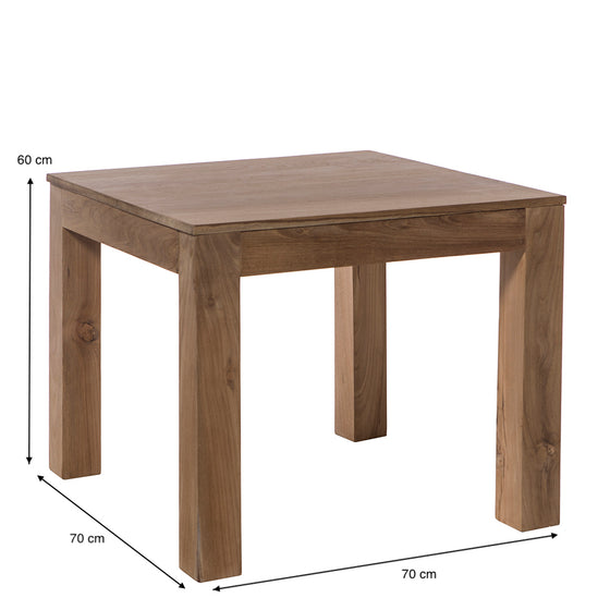 La Mesa de comedor cuadrada en madera de teca Art Palace mide 70x70x60 cm y presenta un diseño moderno, lo que la convierte en un complemento ideal para cualquier zona de comedor.