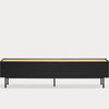 Moderno Mueble TV Arista 1P2C negro con ribetes dorados y patas esbeltas, aislado sobre fondo blanco, ideal para decoración contemporánea.