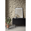 Un elegante rincón de sala de estar con un televisor Sony Bravia de 55 pulgadas, un mapa de la ciudad enmarcado, un globo terráqueo y dos plantas en macetas junto a una pared de piedra texturizada.