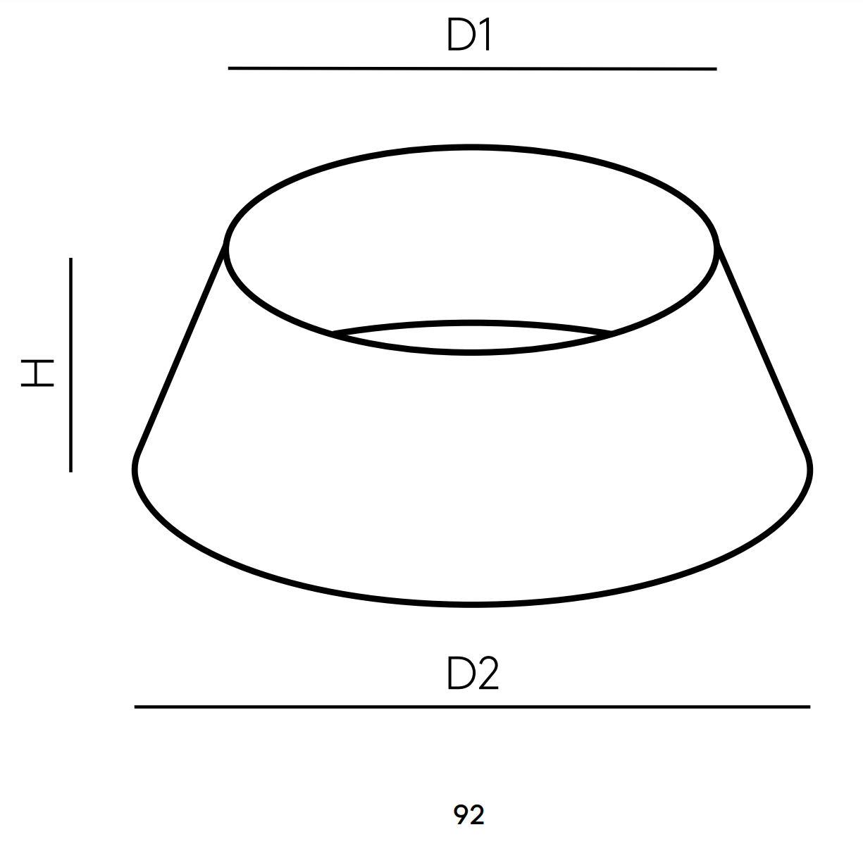 Diagrama de un tronco con altura marcada como H, diámetro superior D1 y diámetro inferior D2. El número 92 está asociado al producto Pantalla recomendada en imagen 151011/45.