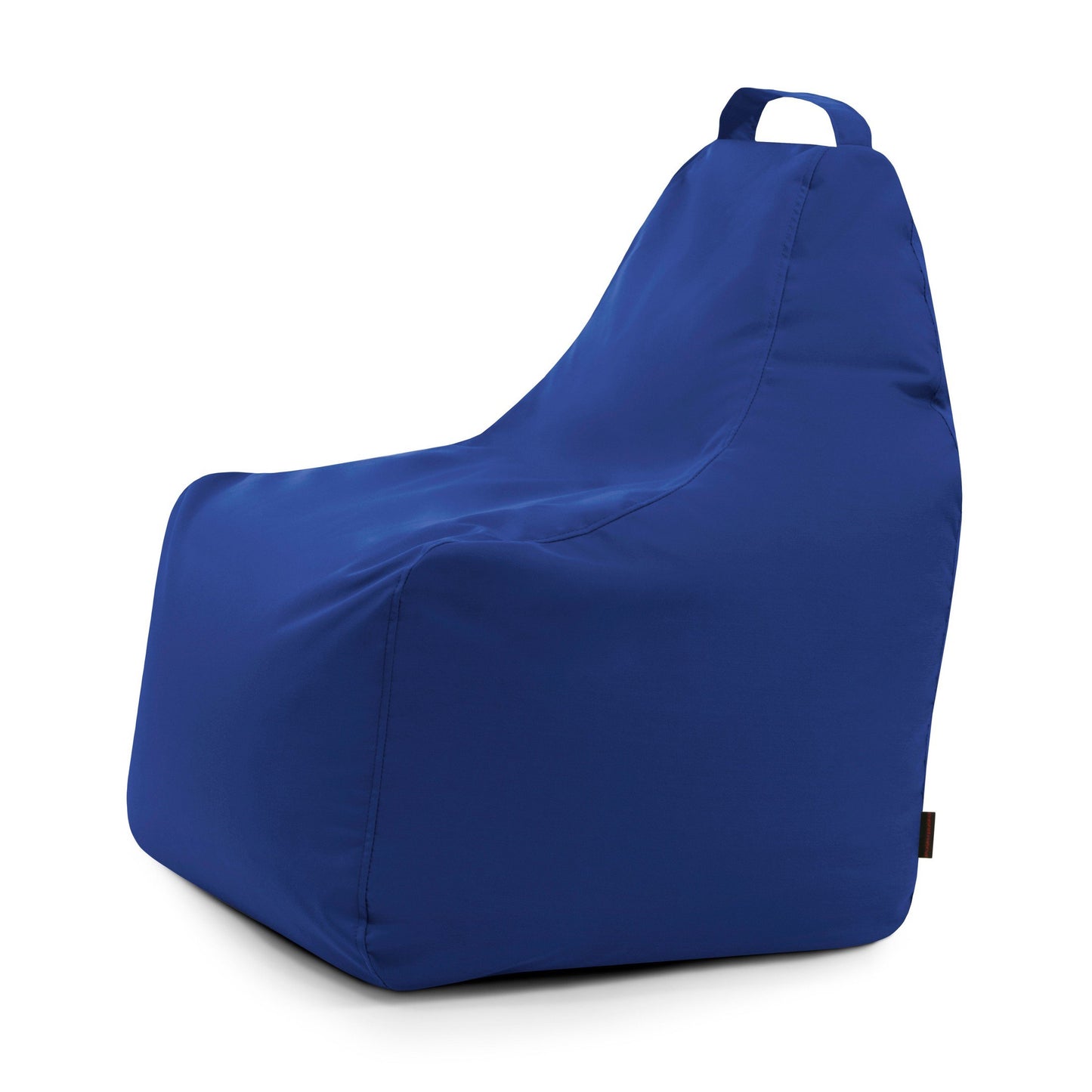 El Bean bag Play Colorin - uso exteriores, con tejido OEKO-TEX azul, respaldo alto y asa superior, se muestra desde un ángulo lateral sobre fondo blanco.